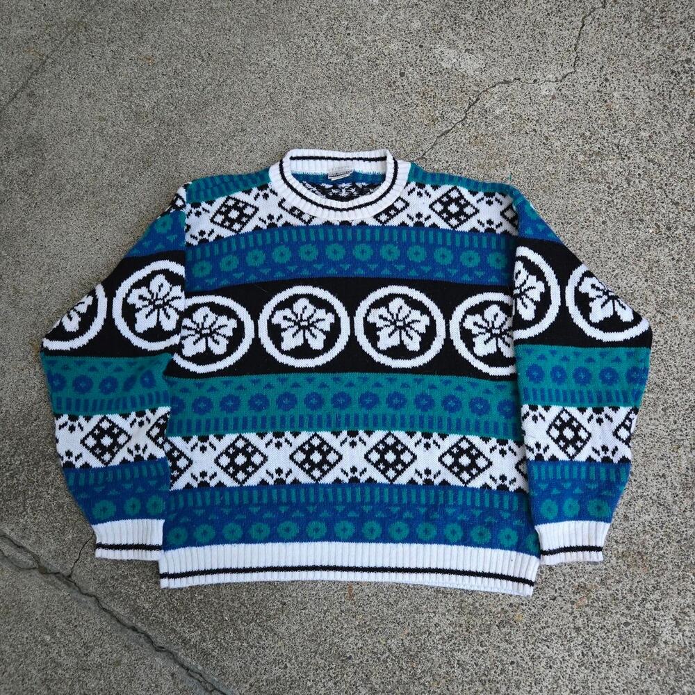 Vtg 90s CABIN CREEK Floral Geometric Stripe Pattern Crewneck Sweater Lg USA Made
